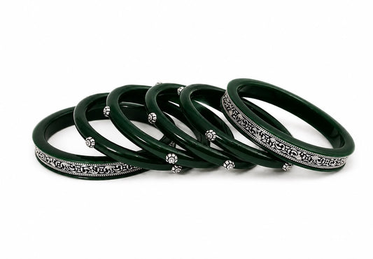 Sawan Green Floral Silver Bangle Set for Women (6 Pieces) | Traditional Hariyali Teej, Raksha Bandhan & Festive Jewellery by Madhaviya Jewels