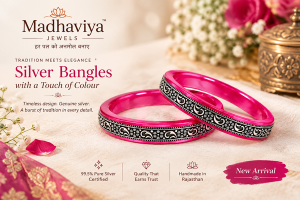 Elegant pink and silver 99.5% pure silver bangles with handcrafted detailing | Madhaviya Jewels