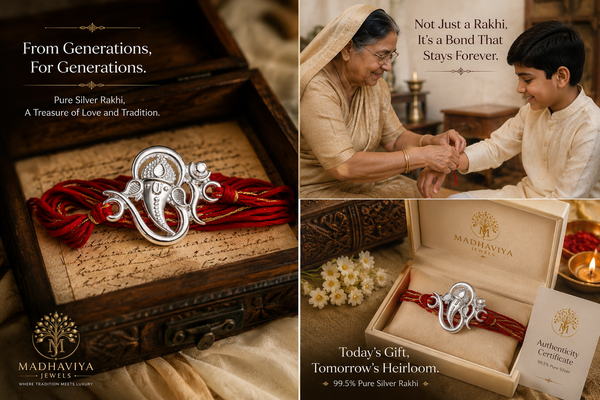 A timeless Ganesha Rakhi, crafted in pure silver for a bond that lasts generations.