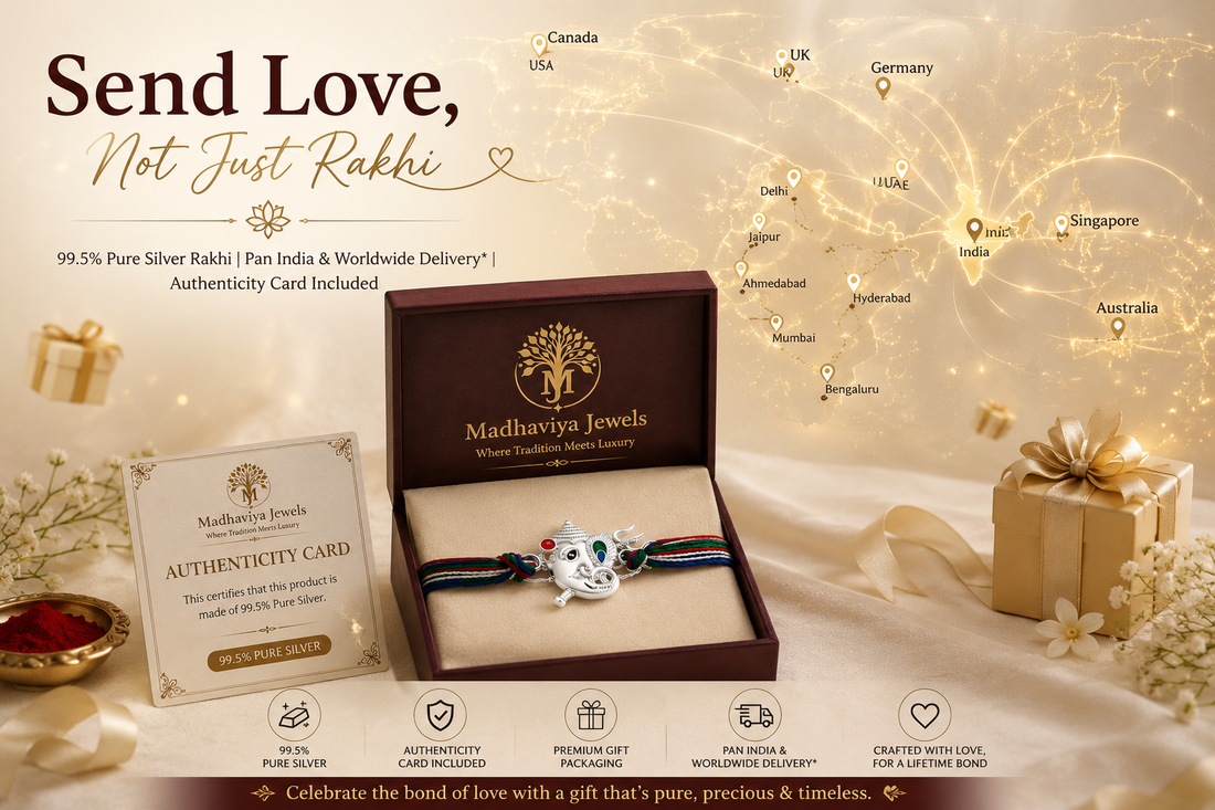 Premium 99.5% Pure Silver Ganesha Rakhi in luxury gift box with authenticity card by Madhaviya Jewels.