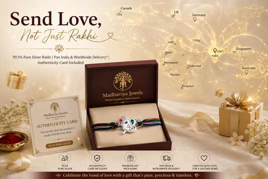 Premium 99.5% Pure Silver Ganesha Rakhi in luxury gift box with authenticity card by Madhaviya Jewels.