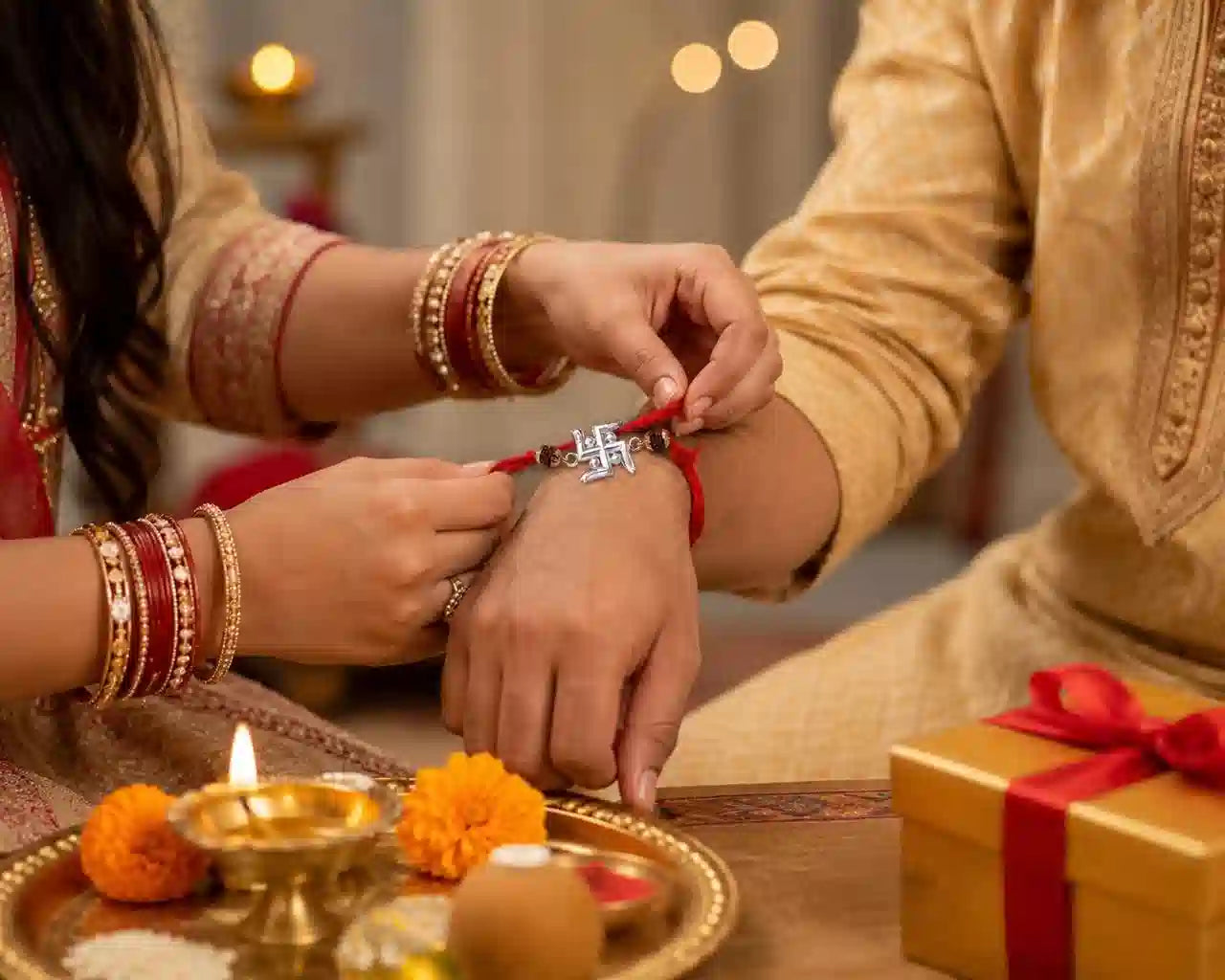 Fine Silver latest Best rakhi for brother Studded with Orignal Natural 5 Mukhi Rudraksh with Kumkum Chawal