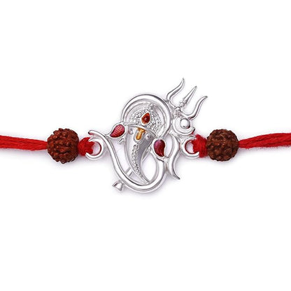 99.5% Pure Silver Om Ganesha Trishul Rakhi with Rudraksha for Businessman Brother by Madhaviya Jewels