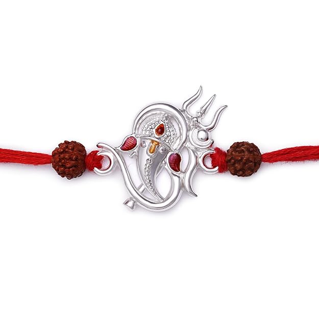 99.5% Pure Silver Om Ganesha Trishul Rakhi with Rudraksha for Businessman Brother by Madhaviya Jewels
