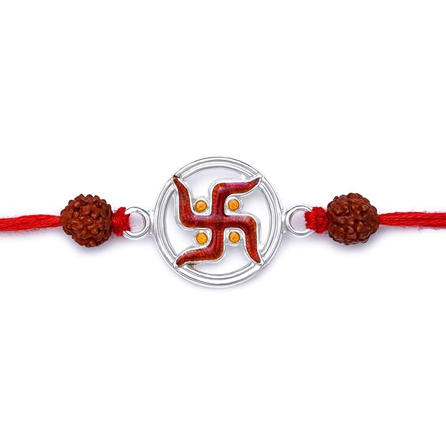 99.5% Pure Silver Swastik Rakhi with Rudraksha Beads for Sports Brother by Madhaviya Jewels
