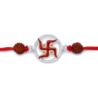 99.5% Pure Silver Swastik Rakhi with Rudraksha Beads for Sports Brother by Madhaviya Jewels

