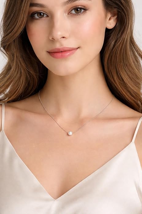 Silver White Pearl Moon Necklace|