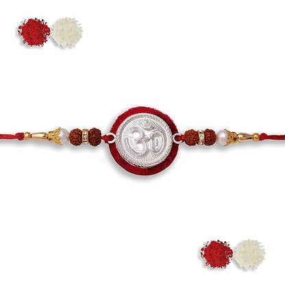 Mens 99.5% Pure Silver Om Design Rakhi Studded With Orignal 5 Mukhi Rudraksh (Om)