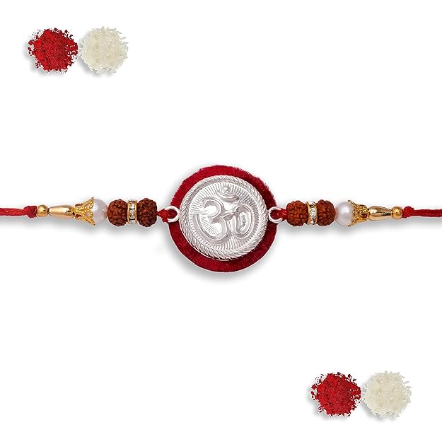 Mens 99.5% Pure Silver Om Design Rakhi Studded With Orignal 5 Mukhi Rudraksh (Om)
