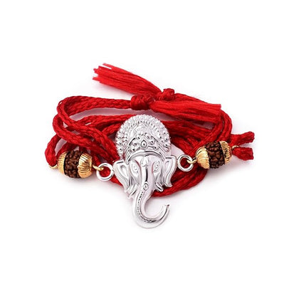 99.5% Fine Silver Ganesh ji Rakhi Studded with Natural 5 Mukhi Rudraksh