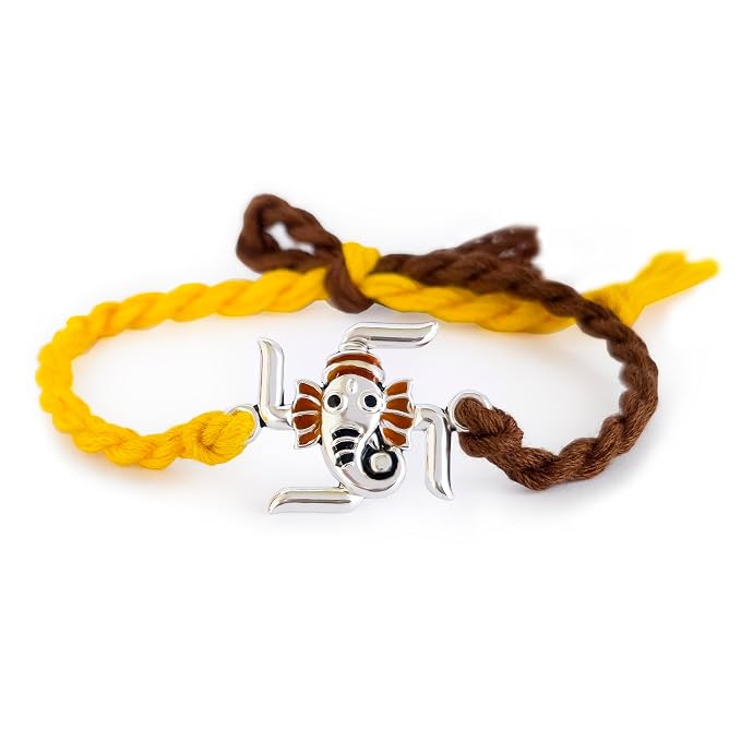 best Ganesha swastik silver yellow and brown thread rakhi