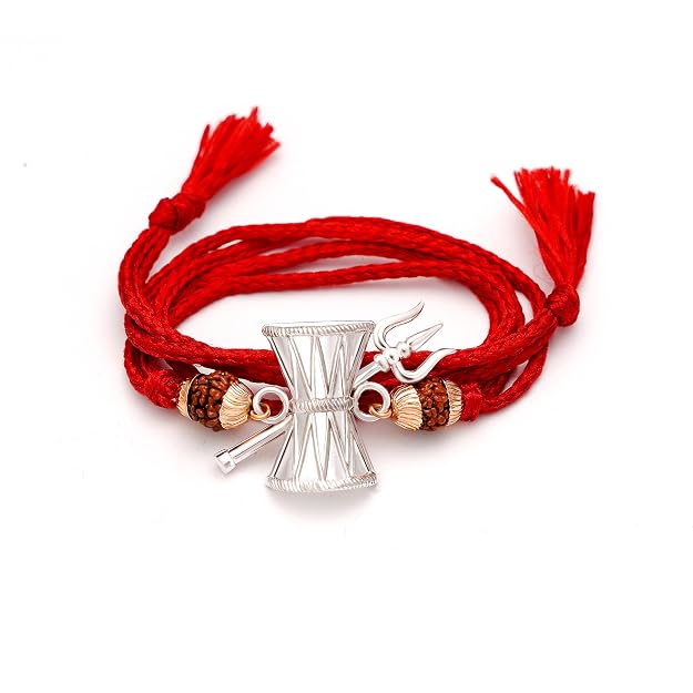 Silver Mahadev Damru Trishul Rakhi for Brother with red thread for Raksha Bandhan by Madhaviya Jewels