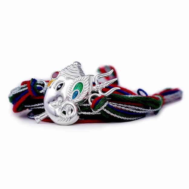 Silver Lord Ganesha Trishul Rakhi for Brother with multicolor thread for Raksha Bandhan by Madhaviya Jewels