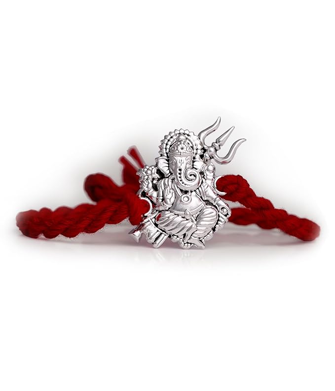 99.5% Pure Silver Lord Ganesha Rakhi with Trishul | Authenticity Card Included | Madhaviya Jewels