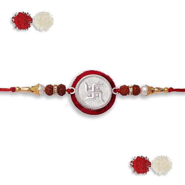 99.5% Fine Silver Certified SWASTIK RAKHI Studded with Orignal 5 Mukhi Rudraksh.