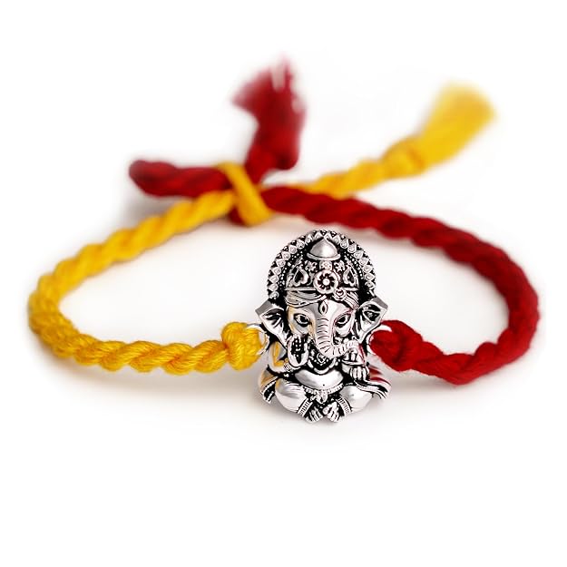 99.5% Pure Silver Lord Ganesha Rakhi with Red and Yellow Sacred Thread by Madhaviya Jewels
