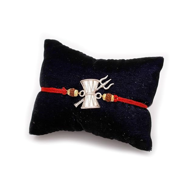 Pure Silver Mahadev Damru Trishul Rakhi for Brother with red thread for Raksha Bandhan by Madhaviya Jewels