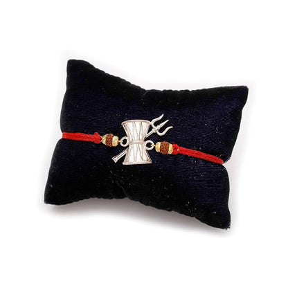 Pure Silver Mahadev Damru Trishul Rakhi for Brother with red thread for Raksha Bandhan by Madhaviya Jewels