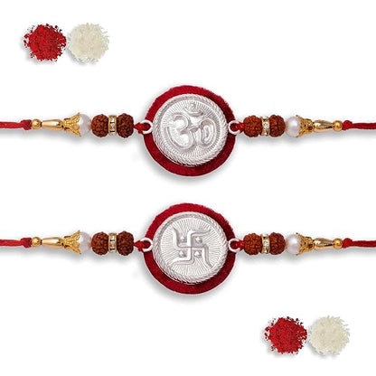 99.5% Fine Silver Certified SWASTIK RAKHI Studded with Orignal 5 Mukhi Rudraksh.