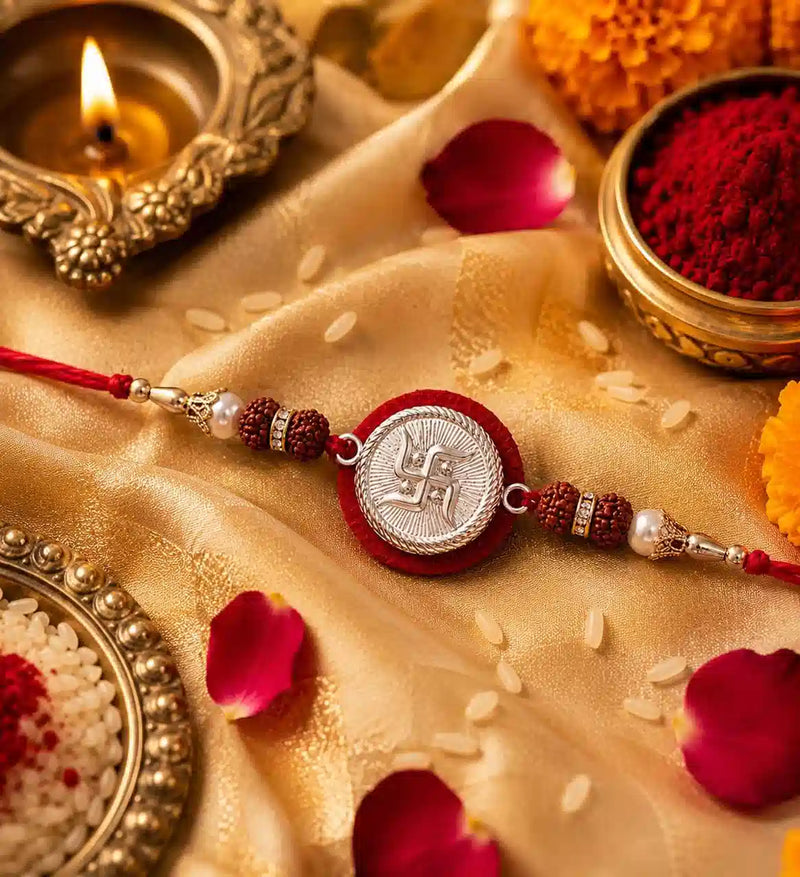 99.5% Fine Silver Certified SWASTIK RAKHI Studded with Orignal 5 Mukhi Rudraksh.
