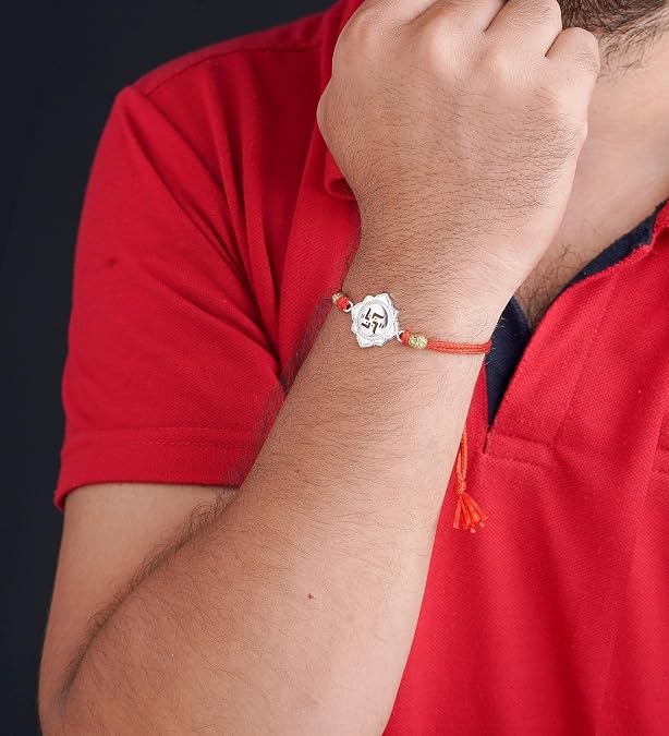 99.5% Pure Silver Rakhi Swastik  designs on red thread, premium handcrafted Raksha Bandhan rakhi with authenticity certificate.