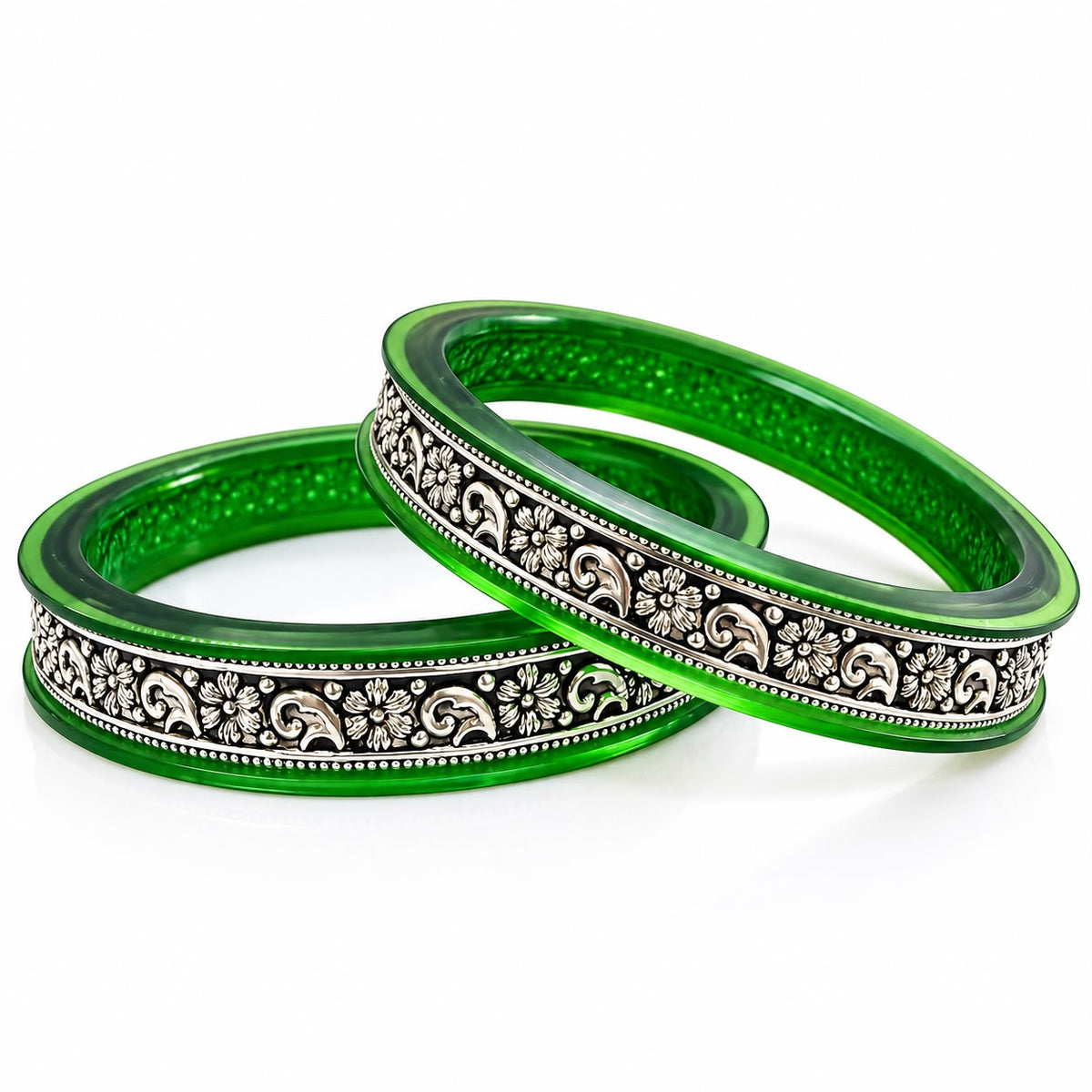 99.5% pure silver green floral Rajasthani designer bangle by Madhaviya Jewels