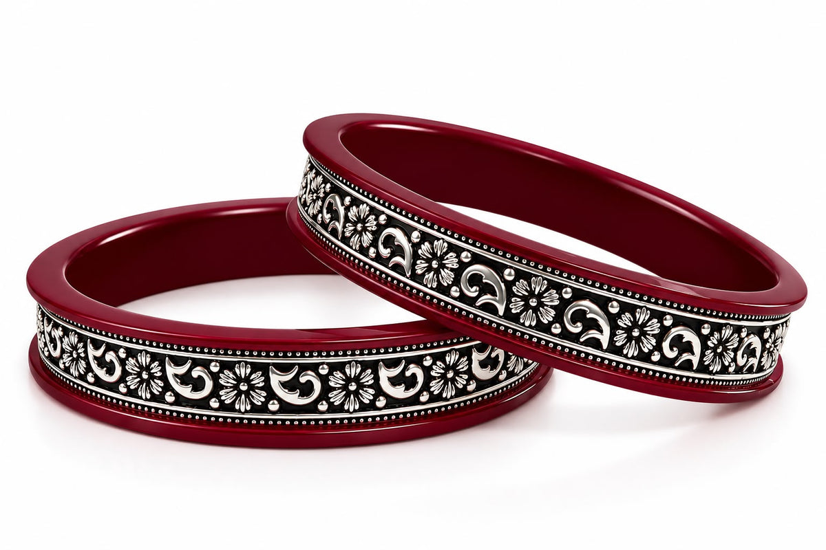 99.5% pure silver maroon floral Rajasthani designer bangle by Madhaviya Jewels