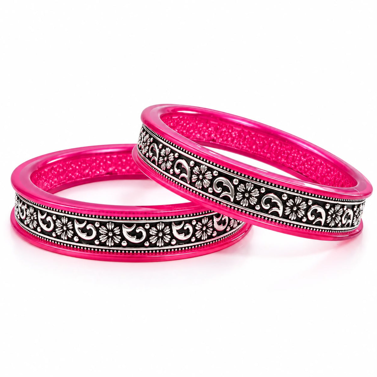 99.5% pure silver rani pink floral Rajasthani designer bangle by Madhaviya Jewels