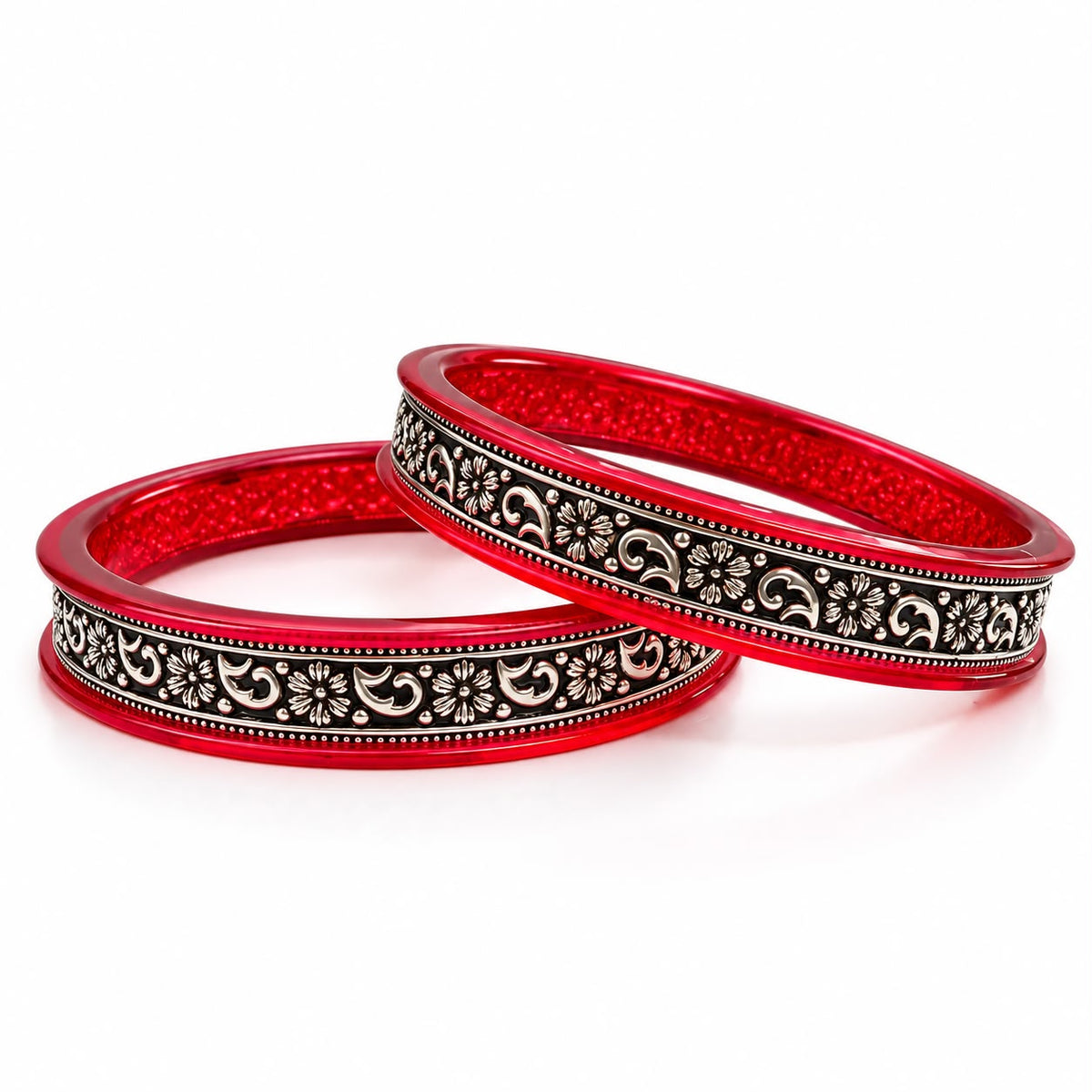 99.5% pure silver red floral Rajasthani designer bangle by Madhaviya Jewels