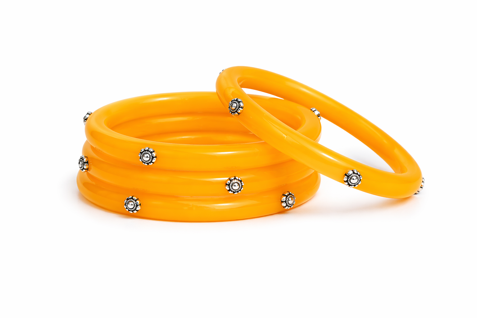 Orange Traditional Bangles with 99.5% Pure Silver Floral Beads for Festive Wear & Indian Celebrations | Madhaviya Jewels