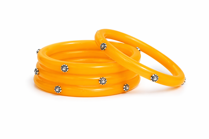 Orange Traditional Bangles with 99.5% Pure Silver Floral Beads for Festive Wear & Indian Celebrations | Madhaviya Jewels