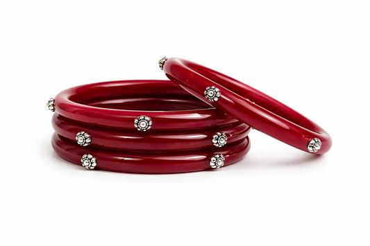 Red Festival Bangles with 99.5% Pure Silver Floral Beads for Karwa Chauth, Wedding & Traditional Wear | Madhaviya Jewels