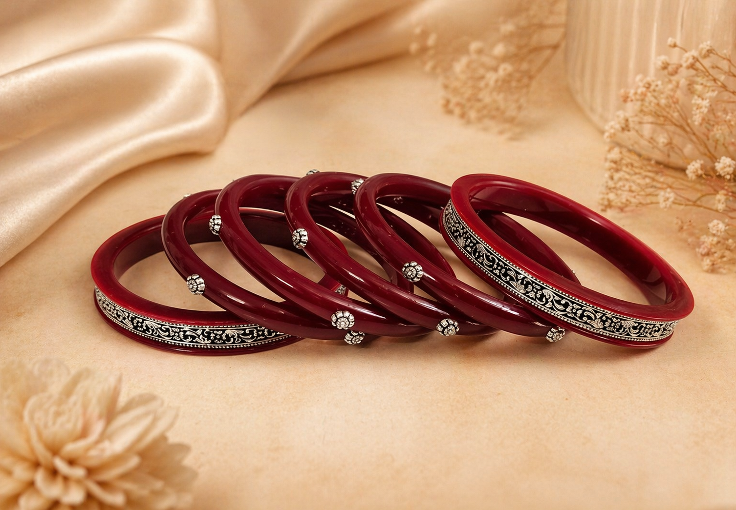Sawan Red Floral Silver Bangle Set for Women (6 Pieces) | Traditional Hariyali Teej, Raksha Bandhan & Festive Jewellery by Madhaviya Jewels