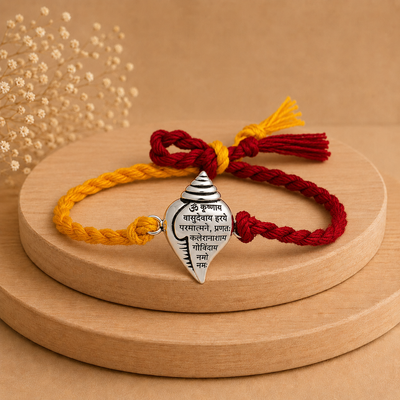 Shree Krishna Mantra Shankh  Rakhi – 99.5% Pure Silver Raksha Bandhan Rakhi | Madhaviya Jewels