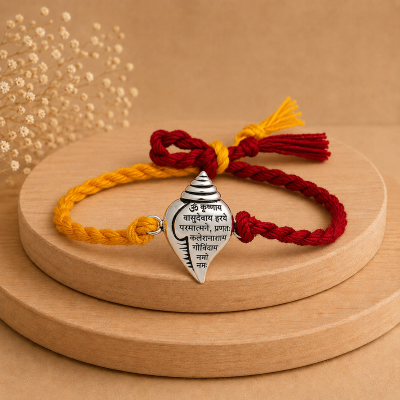 Shree Krishna Mantra Shankh  Rakhi – 99.5% Pure Silver Raksha Bandhan Rakhi | Madhaviya Jewels