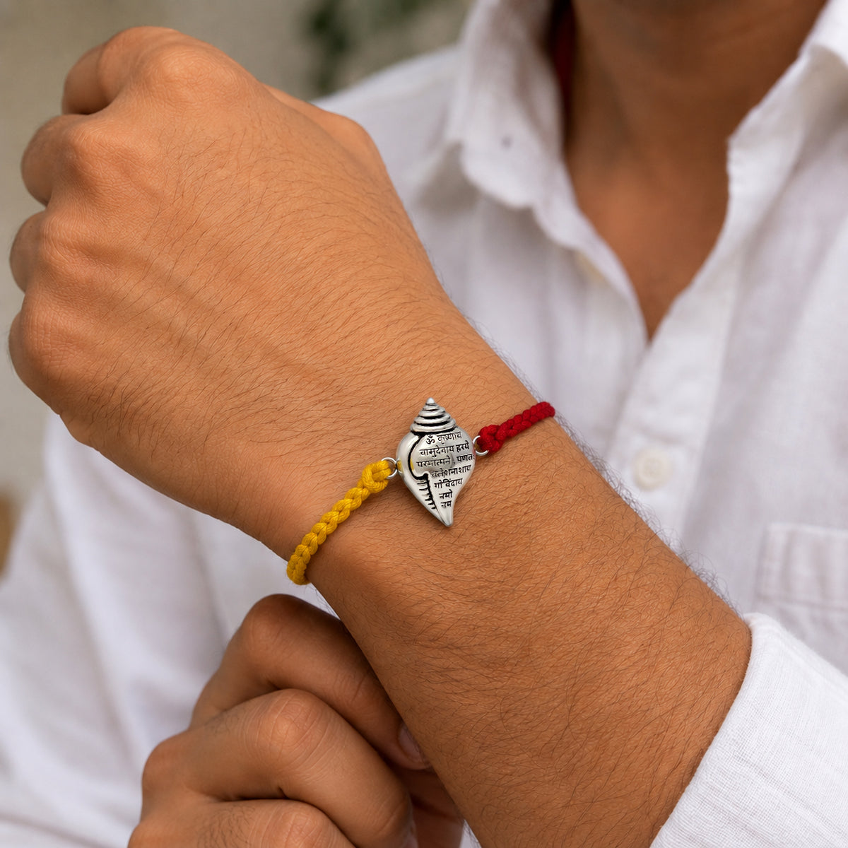 Shree Krishna Mantra Shankh  Rakhi – 99.5% Pure Silver Raksha Bandhan Rakhi | Madhaviya Jewels