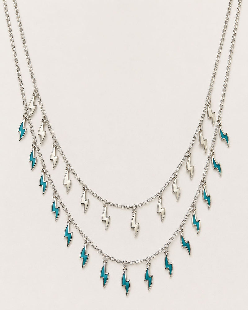Silver-Toned Lightning Charm Layered Necklace for Women & Girl