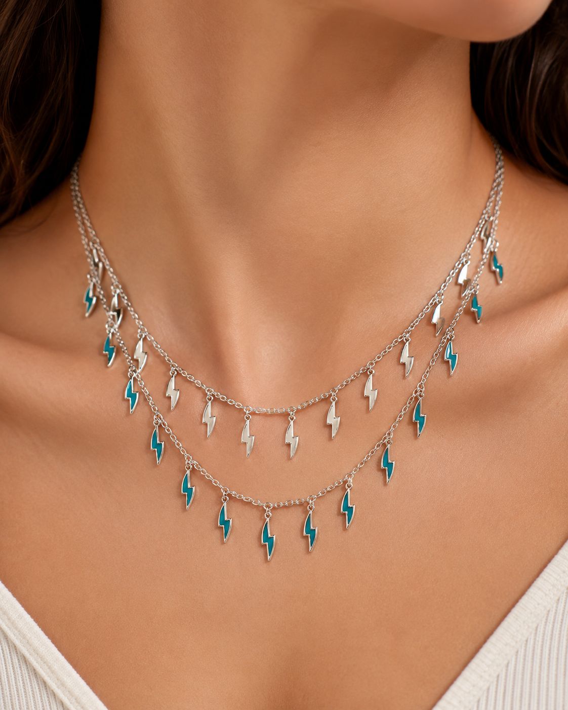 Silver-Toned Lightning Charm Layered Necklace for Women & Girl