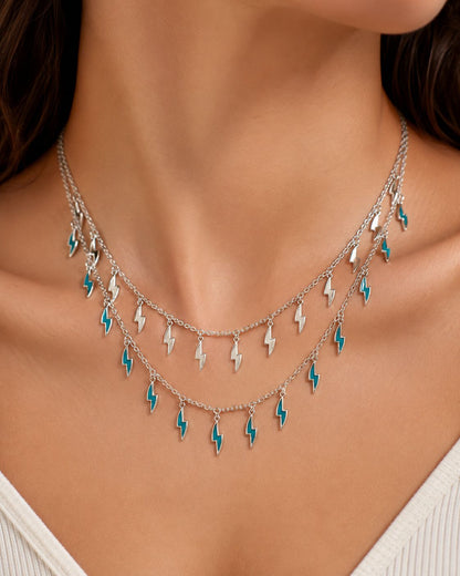 Silver-Toned Lightning Charm Layered Necklace for Women & Girl