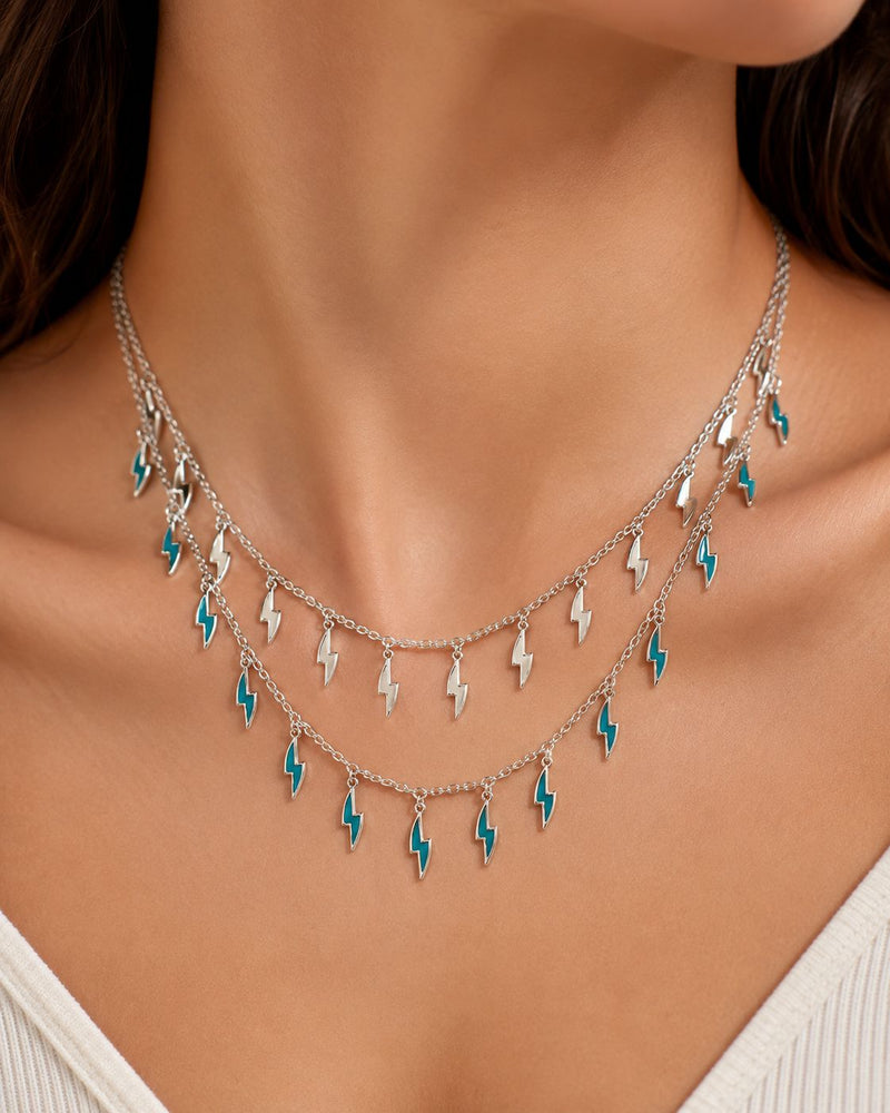 Silver-Toned Lightning Charm Layered Necklace for Women & Girl