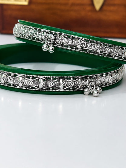 Traditional Sawan Green Silver Ghungroo Bangles for Women | Hariyali Teej & Raksha Bandhan Jewellery by Madhaviya Jewels