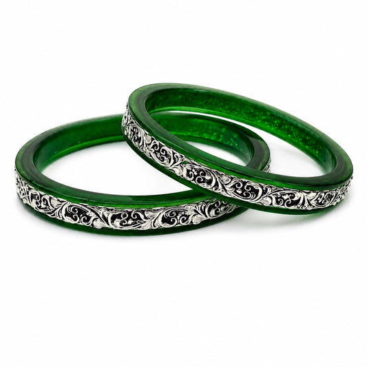 Sawan Green Designer Silver Floral Bangles for Women – Traditional Hariyali Teej & Raksha Bandhan Jewellery by Madhaviya Jewels