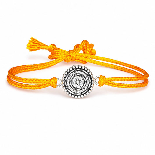 99.5% Pure Silver Sudarshan Chakra Rakhi for Brother | Adjustable Yellow Thread Rakhi | Spiritual Raksha Bandhan Gift | Handmade Rakhi | Madhaviya Jewels