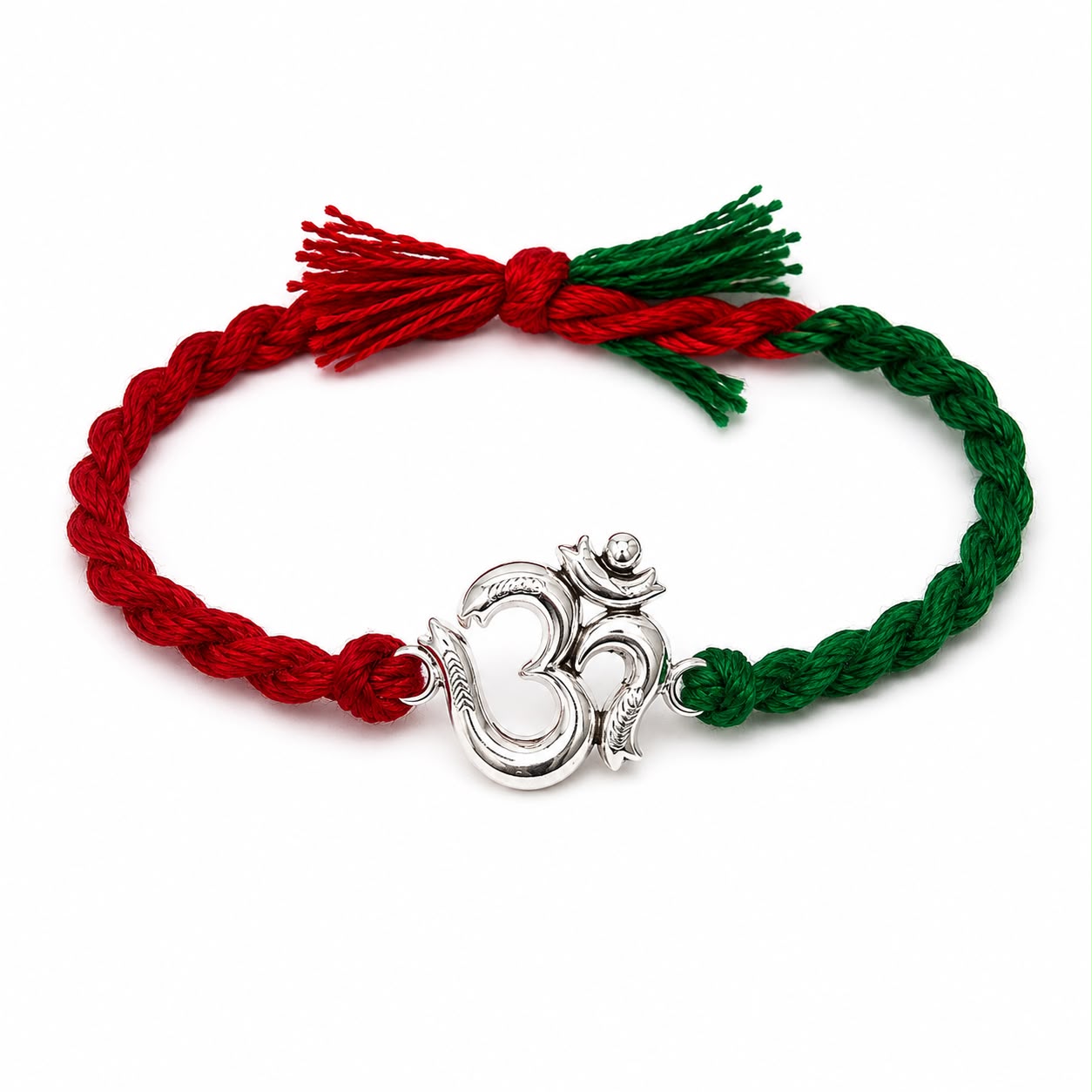 Silver Om Rakhi for Brother with red and green braided thread | Premium Raksha Bandhan Rakhi by Madhaviya Jewels
