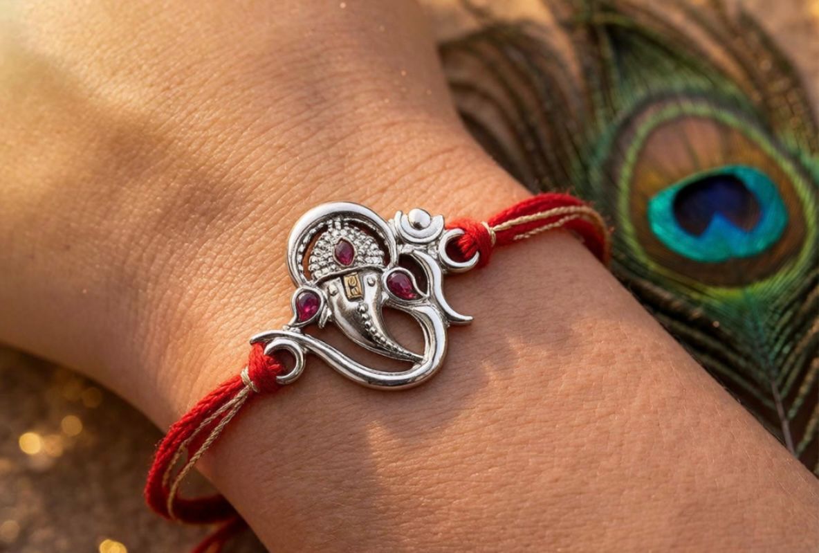 om ganesha silver  rakhi wear on wrist