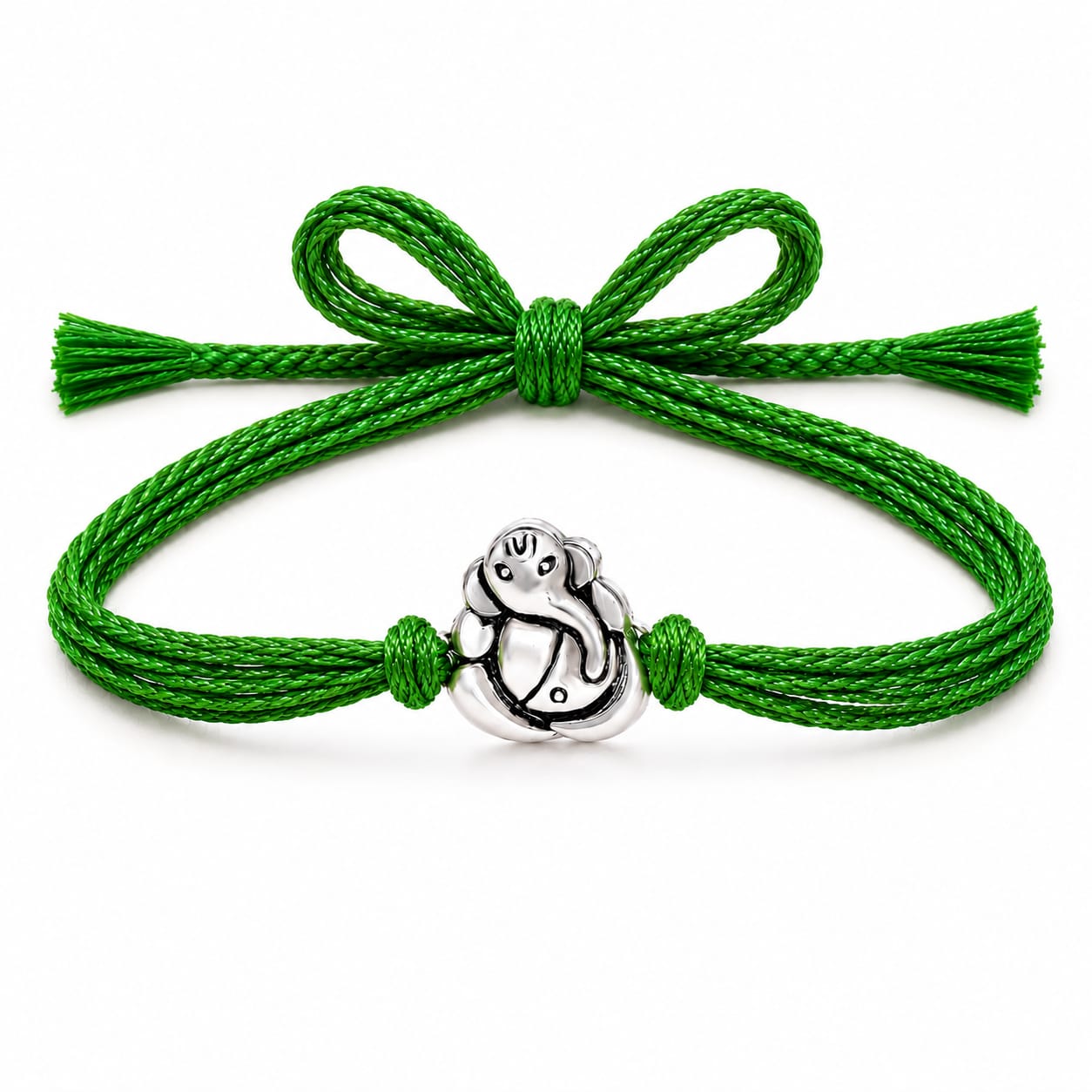 99.5% Pure Silver Ganesha Rakhi with Green Thread for Brother by Madhaviya Jewels