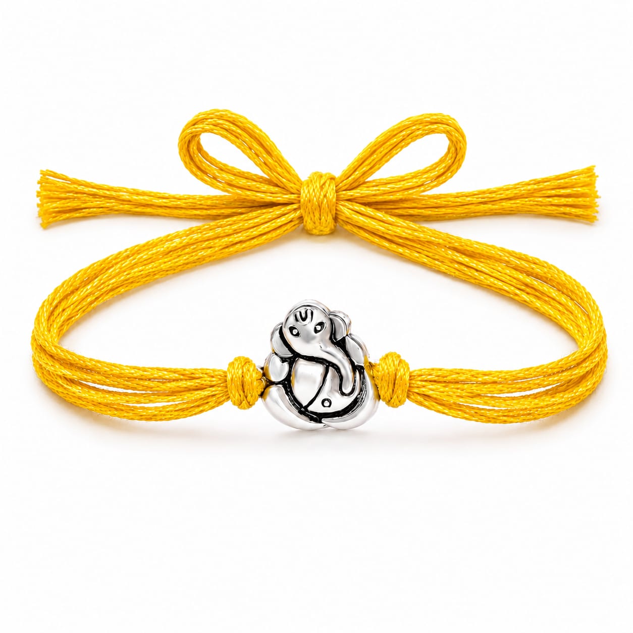 99.5% Pure Silver Ganesha Rakhi with Yellow Thread for Brother by Madhaviya Jewels