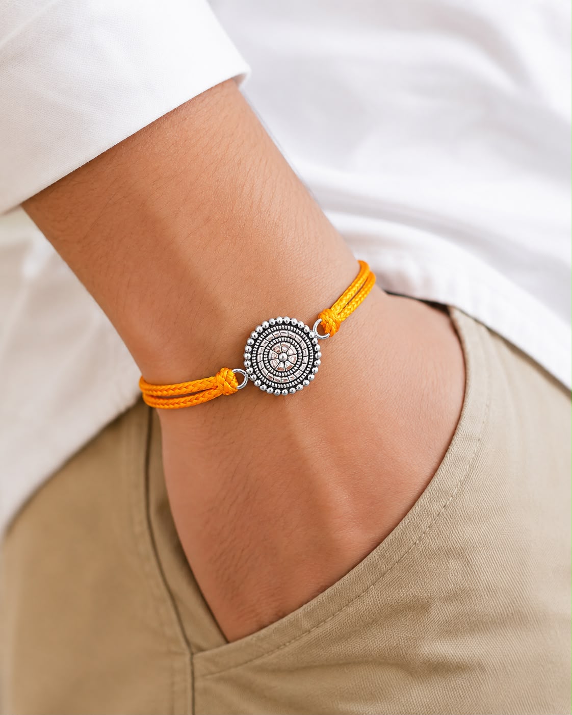 99.5% Pure Silver Sudarshan Chakra Rakhi for Brother | Adjustable Yellow Thread Rakhi | Spiritual Raksha Bandhan Gift | Handmade Rakhi | Madhaviya Jewels