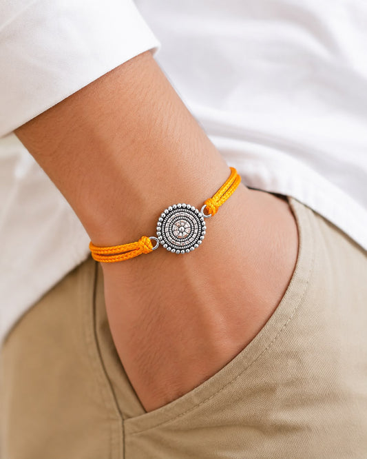 99.5% Pure Silver Sudarshan Chakra Rakhi for Brother | Adjustable Yellow Thread Rakhi | Spiritual Raksha Bandhan Gift | Handmade Rakhi | Madhaviya Jewels