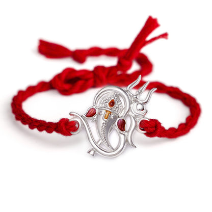 99.5% Pure Silver Om Ganesha Trishul Rakhi for Businessman Brother | Prosperity Rakhi | Madhaviya Jewels